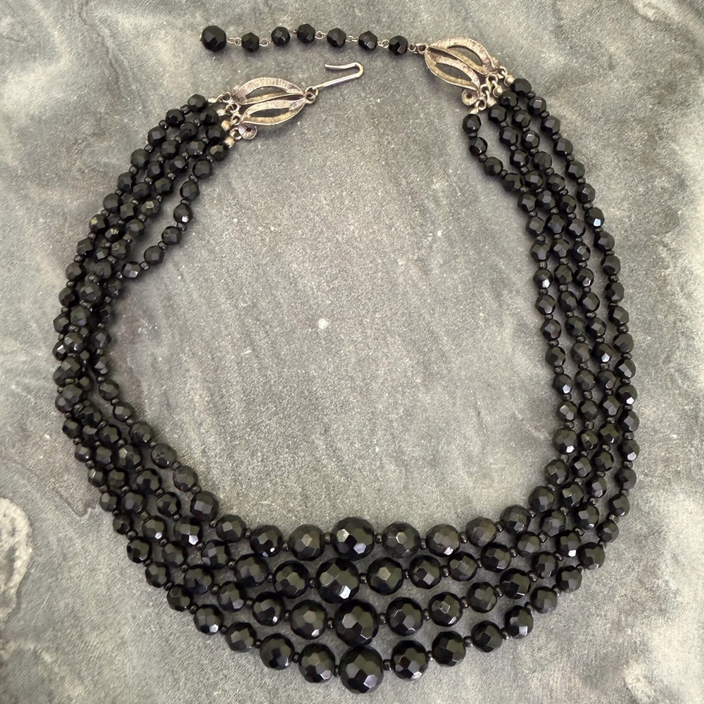 Vintage Black Glass Multi-Strand Sparkly Bead Necklace